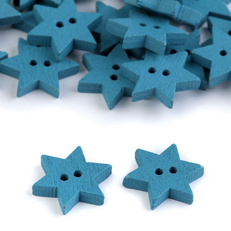 Dřevěný knoflík ~ 19 mm ~ 5 ks ~ hvězdička ~ modro tyrkysová